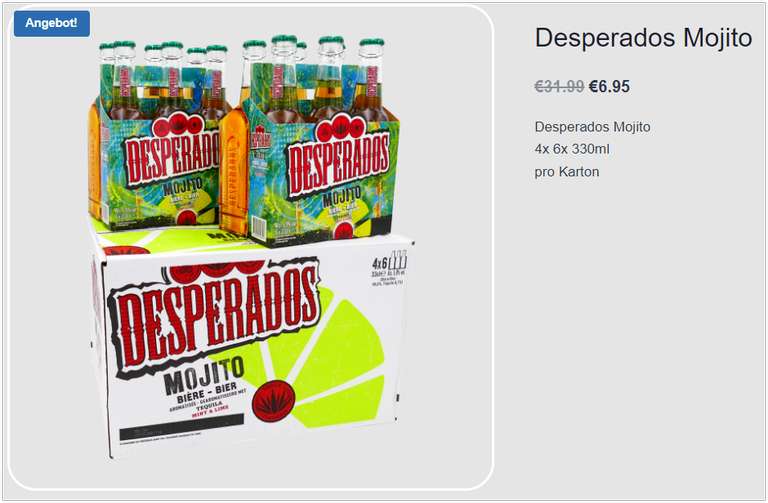 [Grenzgänger Holland | Ter Huurne Hollandmarkt] Desperados Mojito, 24 Flaschen 0,33 Liter - nur 6,95 € - Pfandfrei