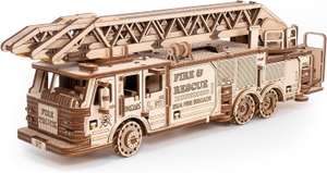 3D Puzzle: Mechanischer LKW | Feuerwehrauto mit ausziehbarer Leiter & Stützen + beweglichen Rädern (aus Holz, 439 Teile, Bauzeit: ca 5 Std)