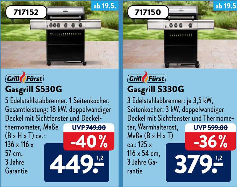 [Aldi.de] Grillfürst S530G für 449,-€ oder S330G für 379,-€ ab 19.05.2022
