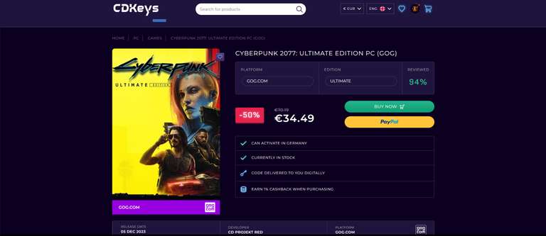 Cyberpunk 2077: Ultimate Edition GOG Key PC (inkl. Phantom Liberty DLC)/kein VPN nötig