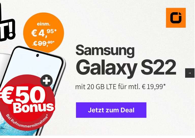 Vodafone Netz: Samsung Galaxy S22 128GB im Otelo Classic 20GB/Allnet für 19,99€/M + 4,95€ZZ / inkl. 50€ Wechselbonus