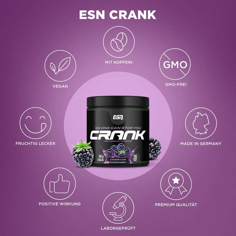 ESN Crank, Blackberry, Pulver, 380g, kompletter Pre Workout Booster