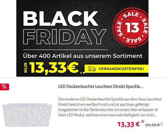 Black Friday Deal über 400 Lampen und Leuchten je 13,33 Euro zb. Leuchten Direkt Deckenleuchte PVG: 65,03€