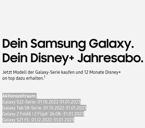 Disney+ Jahresabo gratis beim Kauf von Samsung Galaxy S22er Serie / S21 FE / Galaxy Tab S8er Serie / Galaxy Fold 4 & Flip 4