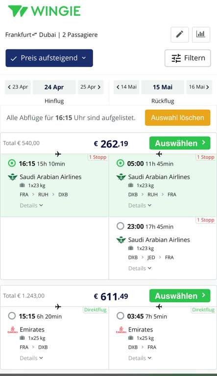 Flug Frankfurt nach Dubai inkl. 23Kg / p.P. Gepäck (Hin- und Rückflug) mit Saudia Airlines 263,50 pro Person