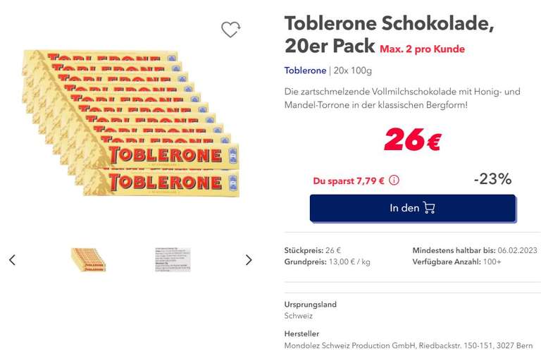 Gutscheinfehler(?): 40(!) Toblerone (Orig. oder Fruit&Nut) (á 100 g) für 26,00 EUR (=0,65 EUR pro Stück!) (mind. MHD 11/2022 )