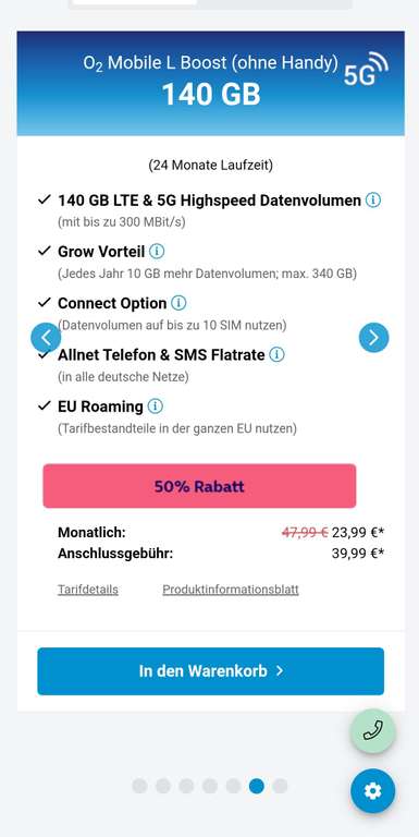 (CB) o2 Mobile Tarife mit 50 % Rabatt für corporate benefits 100€ Wechsel bonus - z.B. Mobile L Boost 140GB