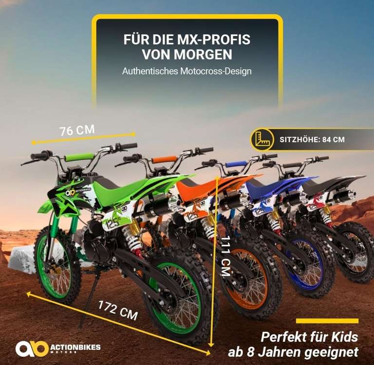 Actionbikes Motors Kinder Jugend-Cross-Dirtbike JC125 cc 17/14 | Scheibenbremsen - Kickstarter - Pocket Bike - Motocross - Dirtbike
