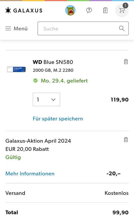 WD Blue SN580 2TB M.2 2280 SSD NVMe (PCIe 4.0 x4)