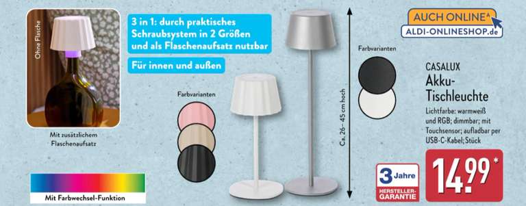 CASALUX LED-Akku-Tischleuchte 3 in 1 fr 14,99  bei ALDI Onlineshop |  mydealz