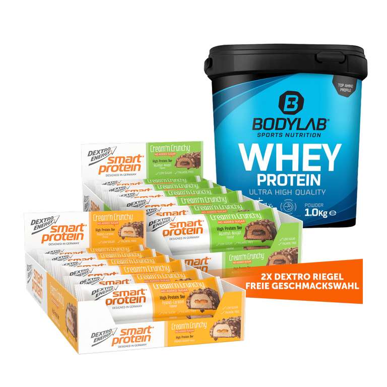 Bundle: 1kg Bodylab Whey Protein + 24x 45g Dextro Energy Cream'n Crunchy High Protein Bar Proteinriegel (2 Sorten, MHD 31.12.)