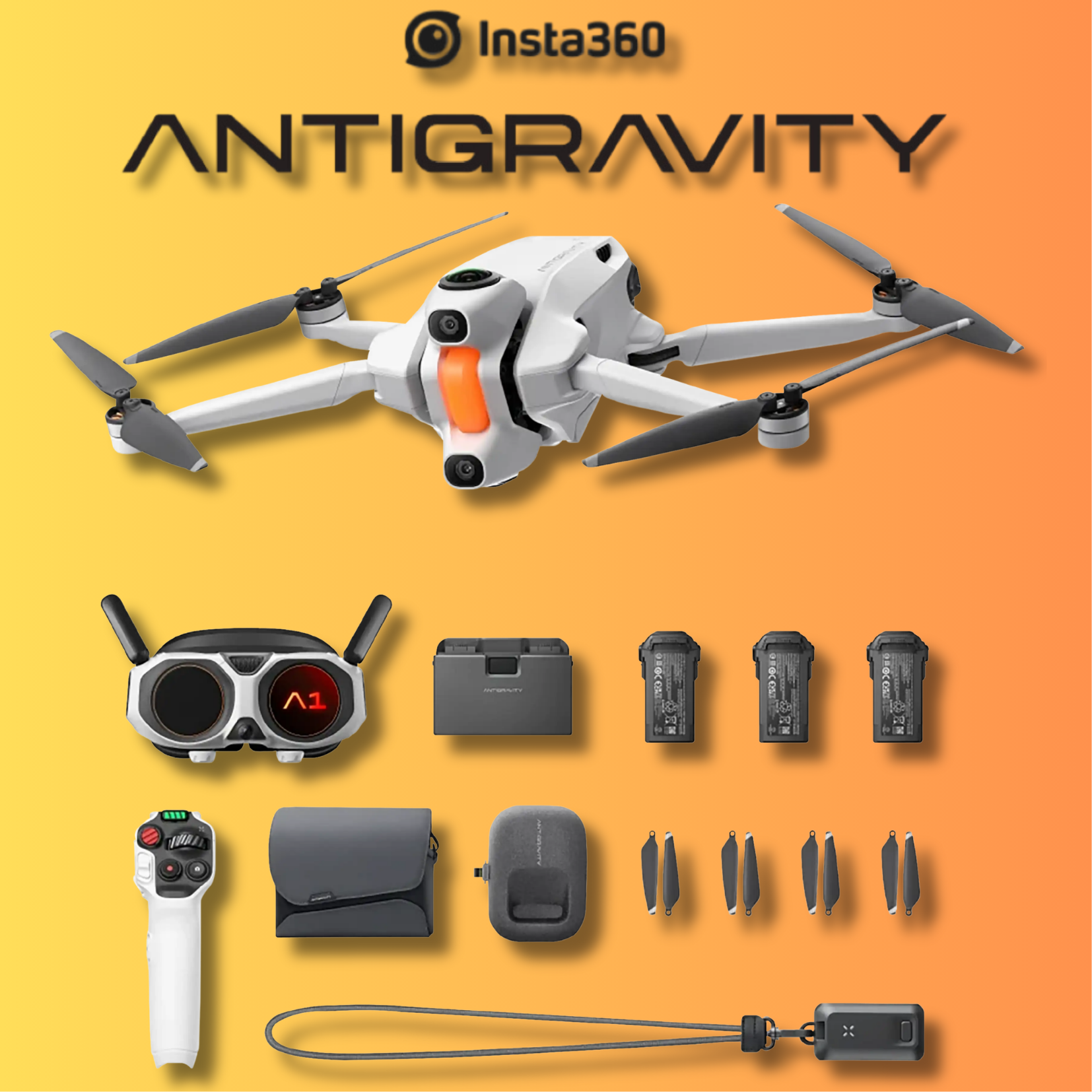 Insta360 Antigravity A1 8K 360° Drohne - Explorer-Bundle | Sky Genie & FreeMotion-Steuerung, Vision-Brille, Griff-Controller, 3 Akkus & mehr