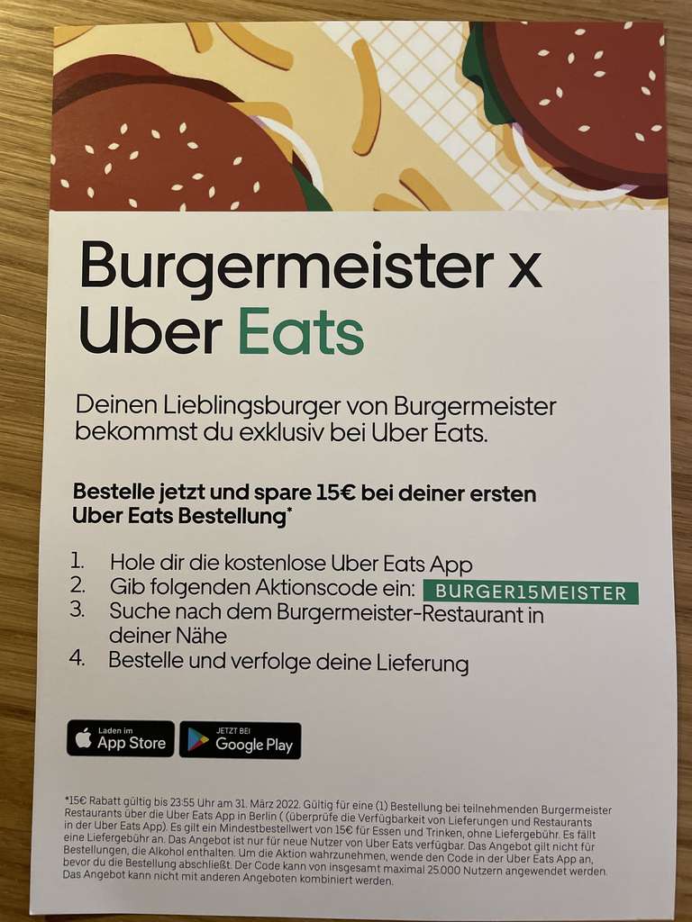 [lokal, Berlin] 15 Euro Rabatt bei Burgermeister über Uber Eats (Neukunden)