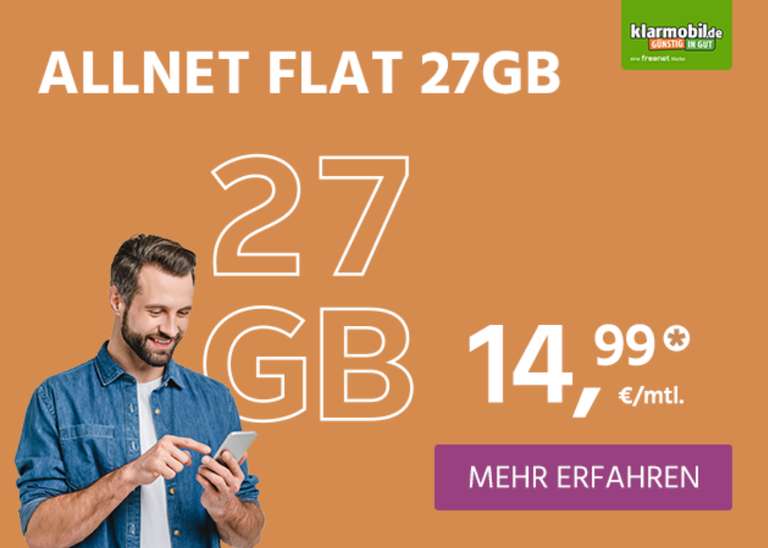 Vodafone Netz, Sim Only: Klarmobil Allnet/SMS Flat 27GB LTE bis 50Mbit/s für eff. 9,57€/Monat durch 150€ Wechselbonus