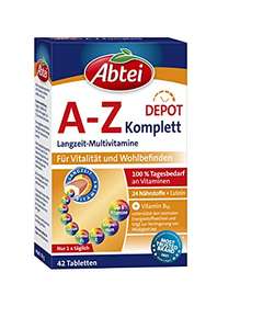 [Amazon Prime] Abtei A-Z Komplett Langzeit-Multivitamine - mit 24 Nährstoffen - mit Vitamin B12 und Lutein - 1 x 42 Tabletten (50 g)