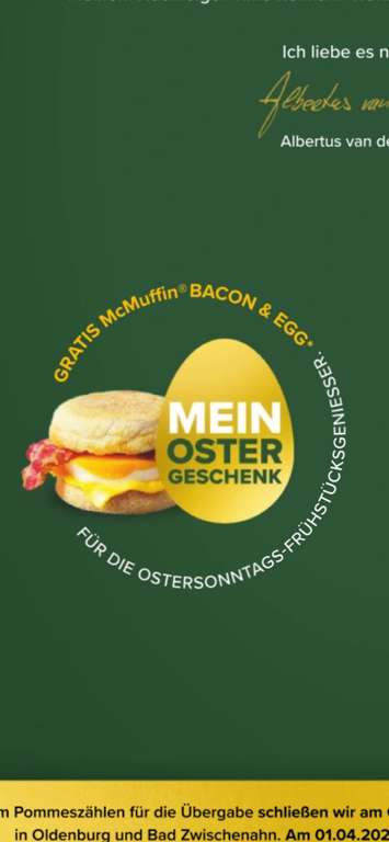 [Lokal Oldenburg und Bad Zwischenahn] Gratis McMuffin Bacon & Egg bei McDonalds Oldenburg