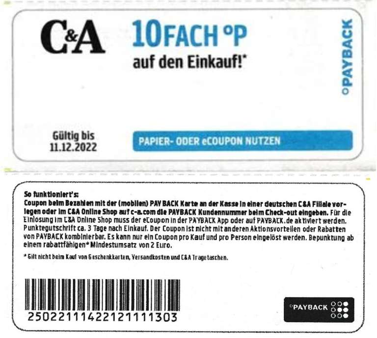 [C&A OFFLINE] 10-fach Payback Punkte Coupon ab 2€ bis 11.12.22
