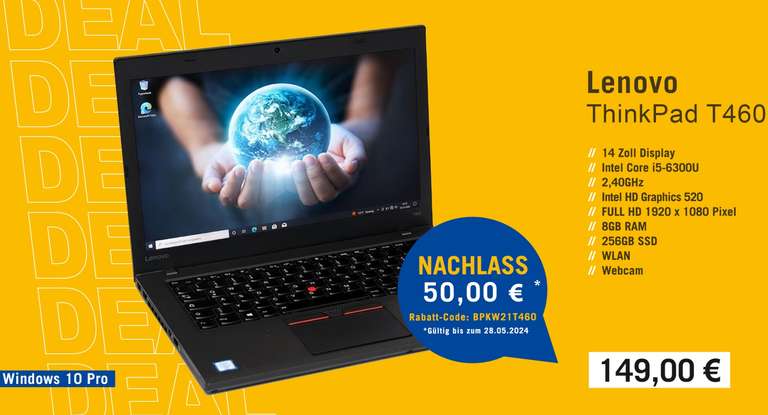 Lenovo ThinkPad T460 14" FHD Laptop - Intel i5 6300U 8GB RAM (aufrüstbar) 256GB SSD - gebraucht / refurbished Business-Notebook