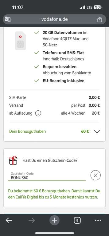 Vodafone Prepaid CallYa Digital mit 60 Euro Bonus bis zu 4 Monate kostenlos durch RMN