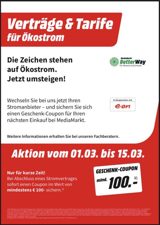 Günstiger Strom + 100€ Coupon bei Media Markt & Saturn (NUR Stationär im Markt!) e.on (Sammeldeal) Strom & Gas Vertrag