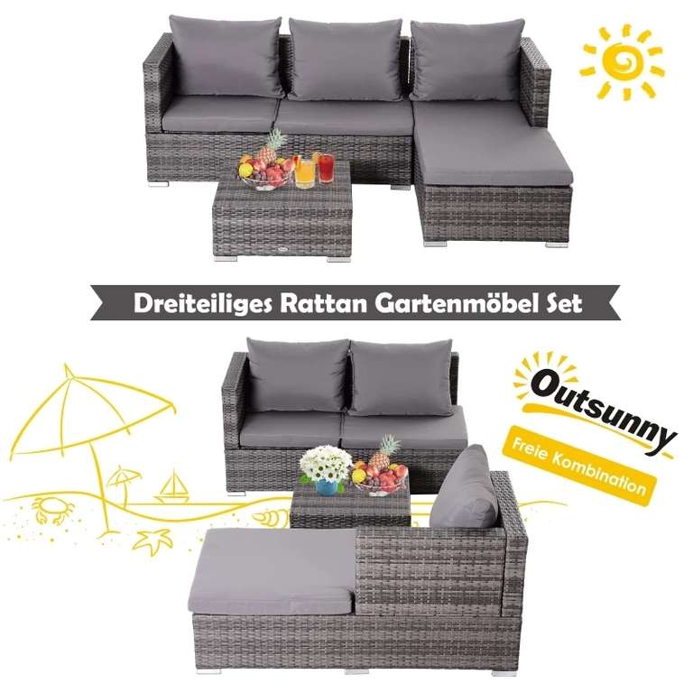 [Aosom App] Outsunny Dreiteiliges Gartenmöbel Set bestehend aus Sofa & Beistelltisch mit Stauraum (PE-Rattan, Grau, (Sofa) 130 x 64 x 62 cm)