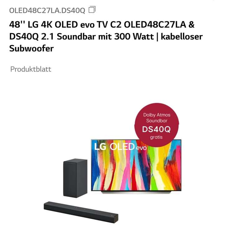 LG Sommer Cashback Aktion - 15% auf ausgewählte Produkte (z.B. TV LG C2 OLED48C27LA + Soundbar DS40Q 2.1 für eff. 955,65)