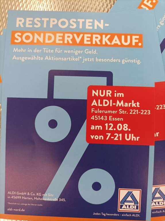 Aldi Nord Restposten Sonderverkauf (Lokal 45143 Essen) - Mehr in der Tüte für weniger Geld 