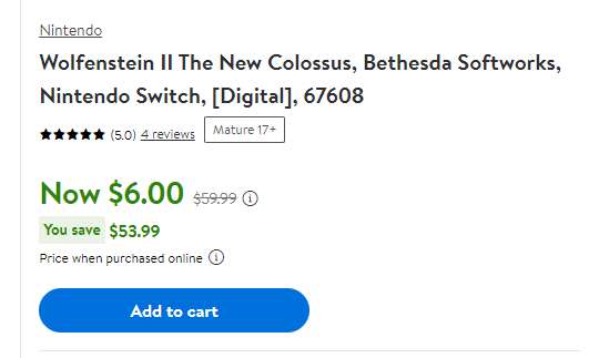 [Walmart] Wolfenstein II The New Colossus - Nintendo Switch - digitaler Code - US eShop - deutsche Texte - $6