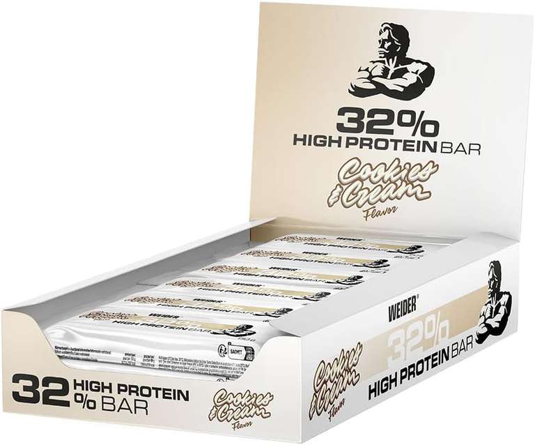 12x 60g Weider 32% High Protein Bar - Cookies & Cream (MHD 05/24, ~1.02€ pro Riegel bzw. ~60 Cent ab 7 Packungen)