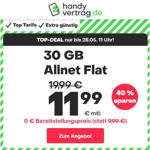 Handyvertrag.de: Allnet- und SMS-Flat - z.B. mit 30 GB 5G Volumen für 11,99€ mtl. (keine Anschlussgebühr!)