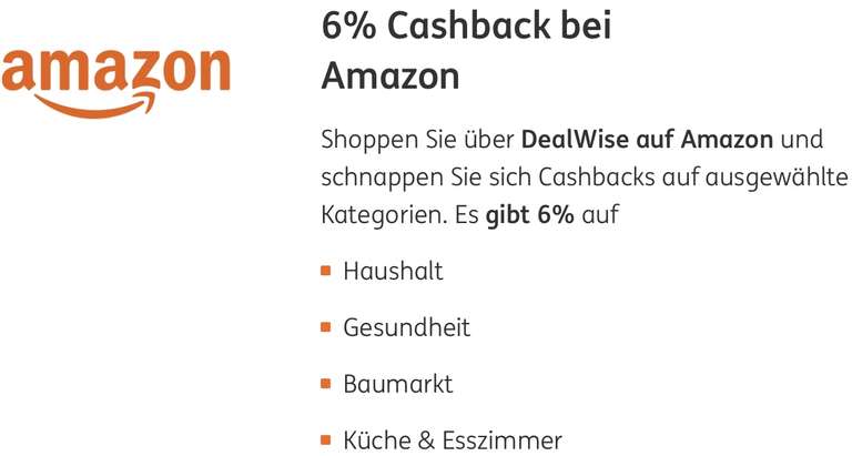 6% Cashback bei Amazon.de über DealWise [ING-Kunden mit Girokonto / ausgewählte Kategorien]