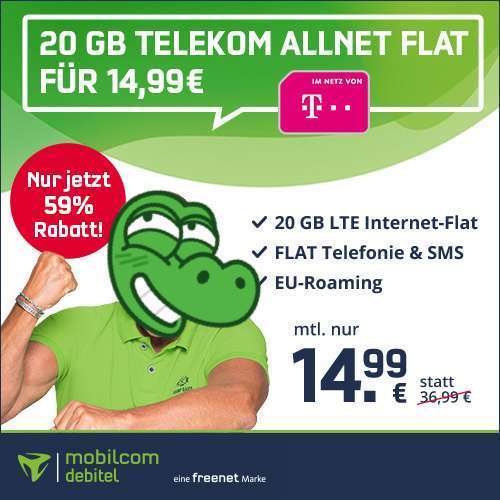 [Telekom] 20GB green LTE Tarif von mobilcom-debitel für mtl. 14,99€ mit VoLTE, WLAN Call, Allnet- & SMS-Flat + 9,99€ AG