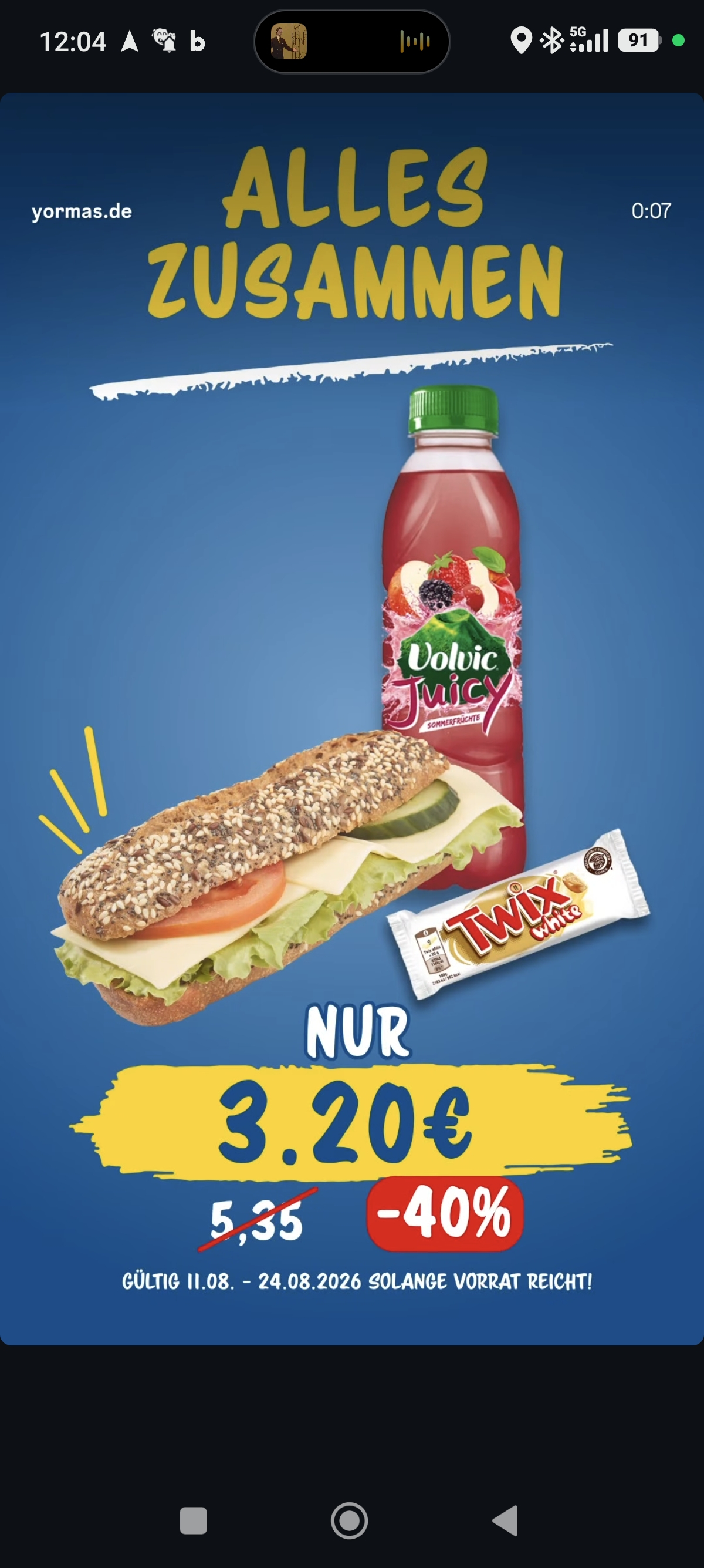 Yormas Aktion flotter 3er: belegtes Käsebaguette + Volvic Juicy + Twix white