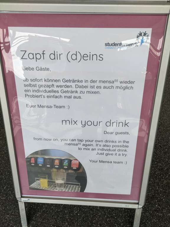 50 Cent Rabatt auf Getränkeabfüllung (frei mischbar) in der Mensa des Studierendenwerks Chemnitz