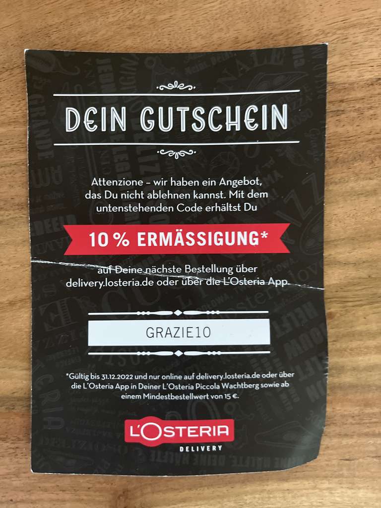 L‘Osteria 10% Gutschein