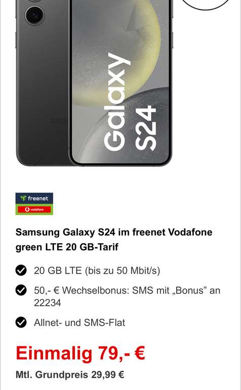 Freenet Vodafone green LTE 20GB Special Samsung Galaxy S24 mit 128 GB Trade in Media Markt