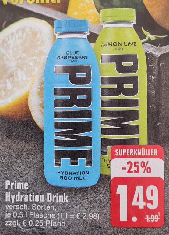 [Edeka Rhein/Ruhr] Prime Hydration Drink, verschiedene Sorten, je 0,5 Liter Flasche - nur 1,49 €, ab 11.03.2024