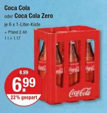 V Markt München: 6 x 1 Liter Coca-Cola (auch Zero) in der Glasflasche, Literpreis: 1.17€ , ab 13.04.23