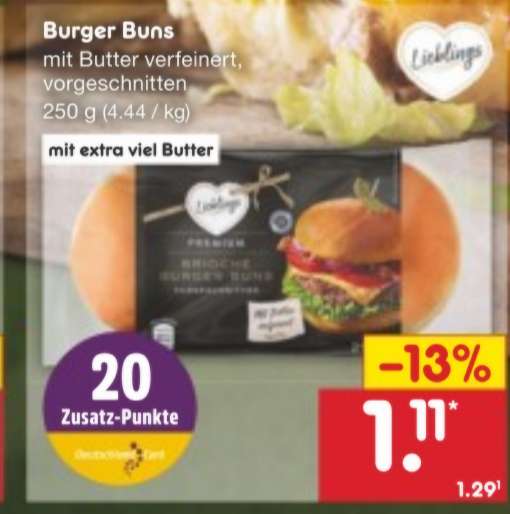 [Netto MD] 4 Burger Buns Brioche - 250g 1,11€ bzw. mit DC Card 0,91€ da 20 Zusatzpunkte - Preis regional anders