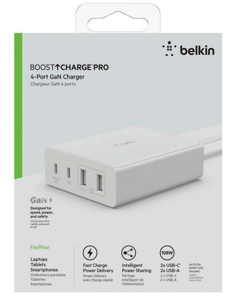 Belkin 4-Port-USB-GaN-Ladegerät (108 Watt) - 2x USB-C PD 3.0 + 2x USB-A - Tischladestation für mehrere Geräte