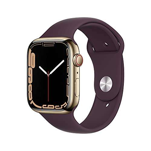 Apple Watch Series 7 (GPS + Cellular, 45mm) Smartwatch - Edelstahlgehäuse Gold, Sportarmband Dunkelkirsch