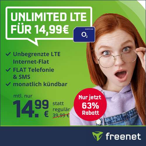 [Telefonica + SIM-Only] freenet o2 Free Unlimited Smart (LTE 10 Mbit/s) für mtl. 14,99€ mit Allnet, VoLTE & WLAN Call + mtl. kündbar