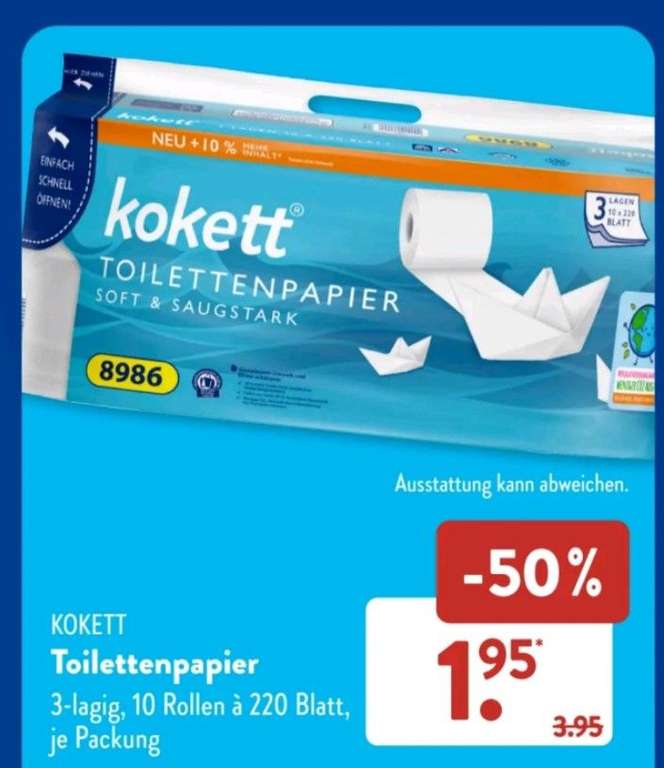 [ALDI-SÜD] Kokett Toilettenpapier 3-lagig(10 Rollen a 220 Blatt) für 1,95€; Feuchtes Toilettenpapier Doppelpack für 0,94€
