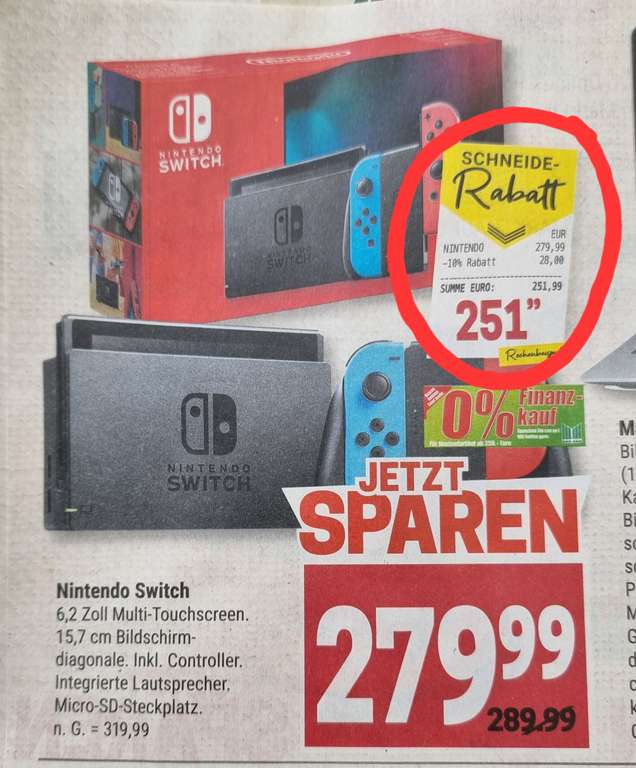 Nintendo Switch (V2) Konsole mit 10% Rabatt ,Do.22.06. +15€ Einkaufsgutschein effektiv 236.99€ (Lokal)