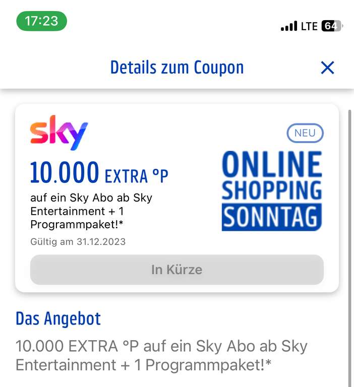 Sky Entertainment Paket Plus 1 Payback 10000 Punkte (100€) nur heute