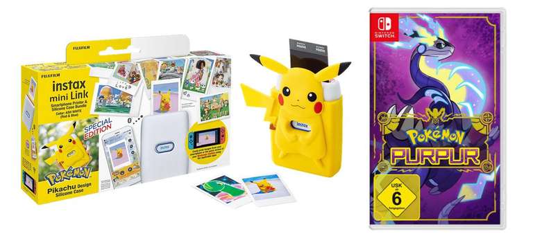 WSV Akion Mediamarkt - Pokemon Purpur (Nintendo Switch) + FUJIFILM instax mini Link Pikachu Case Bundle Fotodrucker im Bundle (SET)