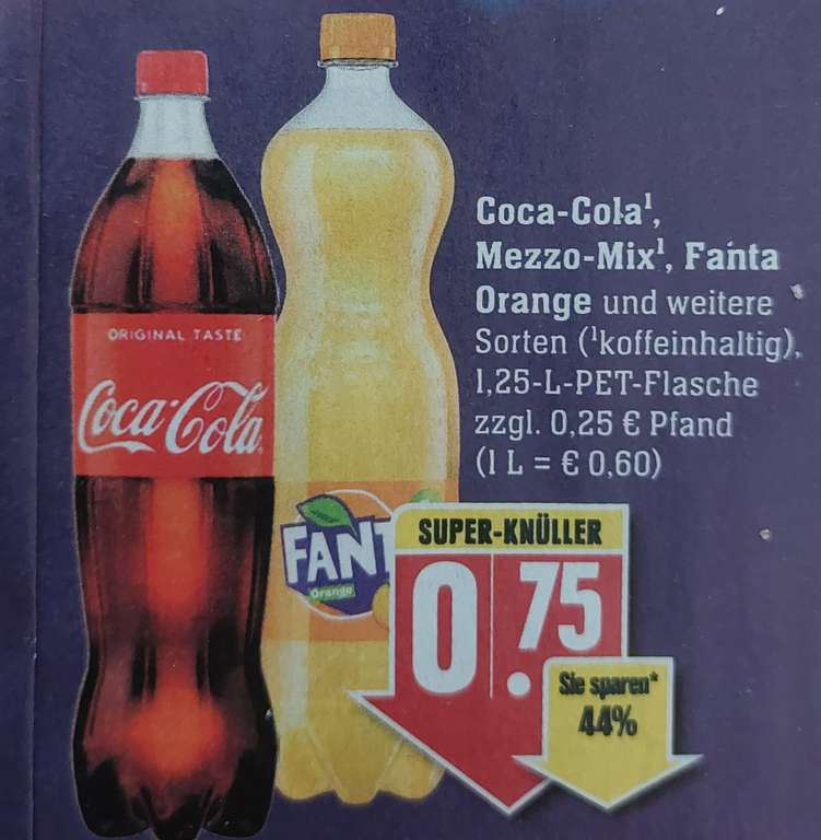 [Edeka Südwest] Coca-Cola / Fanta / Mezzo-Mix / Sprite 1,25l Flasche (0,60€/l),