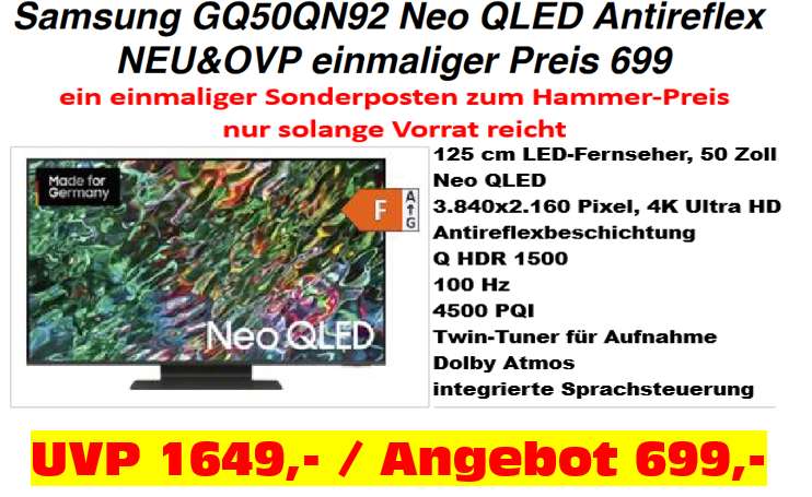 Samsung GQ50QN92BAT 50 Zoll Neo QLED für 699 anstatt 1649 UVP