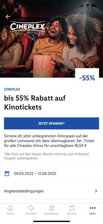 3 Kinotickets für 18,50€ Cineplex übertragbar (pro Ticket 6,16€) Lidl Plus App