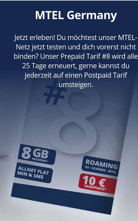 MTEL Germany neuer Prepaid Tarif 8 GB für 10 Euro Vodafone Netz (25 Tage Abrechnungszeitraum)